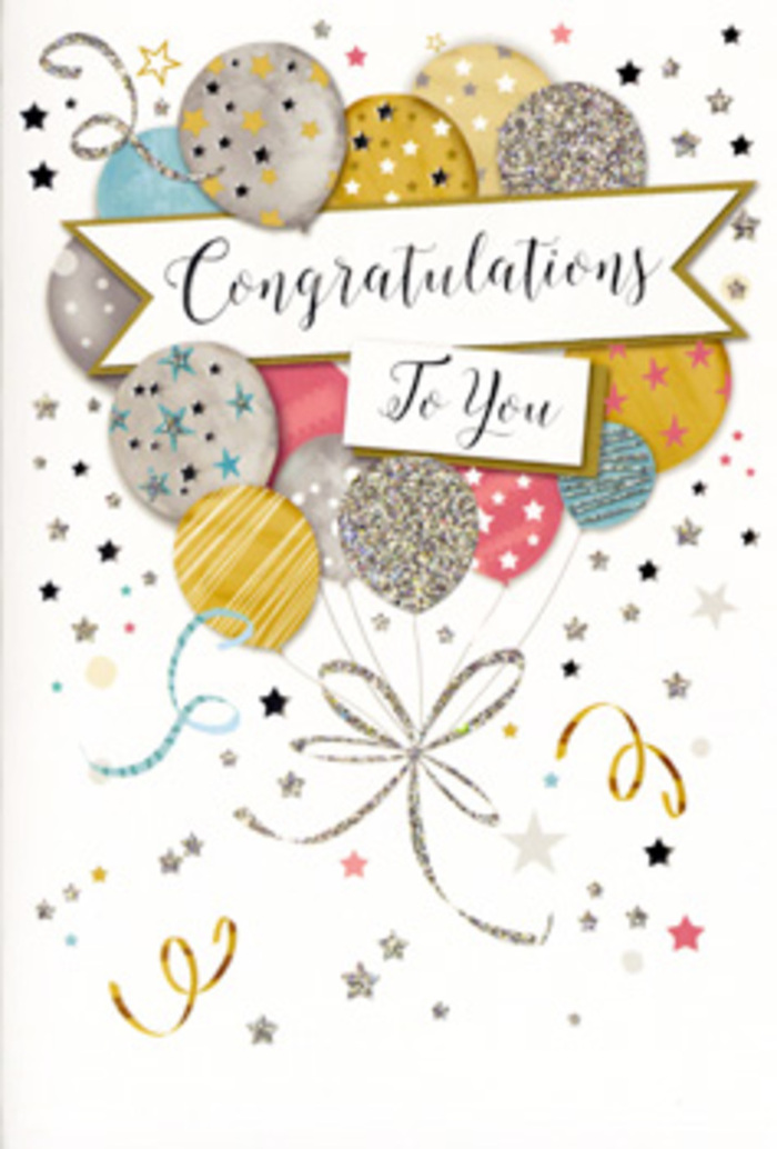 In this artwork, a congratulations card is depicted with a sense of refined festivity, as if it were designed to sit beside a carefully arranged bouquet from a trusted Norbiton florist. The central motif is a joyous cluster of balloons, rounded and slightly overlapping so they appear to gently float upwards. They are coloured in a soft, harmonious palette of brushed gold, polished silver, champagne cream, airy sky blue, and gentle pink. Each balloon is highlighted with delicate decorative touches-some feature slim glittering stripes, others are kissed with clusters of tiny stars or shimmering speckles-creating the effect of party lights glinting in the evening near Kingston Road. Fine, curling strings in metallic gold and silver cascade from the balloons, converging into a compact knot at the base, much like the carefully tied stems of a hand-tied bouquet. Draped diagonally across the centre, a banner unfurls in a softly curved line, carrying a classic Congratulations message written in graceful cursive script. The background is a pale, understated canvas, animated by scattered stars, dots, and curly ribbons rendered in subtle metallic tones, suggesting confetti swirling through the air at a surprise celebration. The overall composition feels balanced and airy, with enough detail to convey sparkle without overwhelming the eye. Imagining the card in hand, one can almost sense the contrast between smooth card stock and the slightly raised texture of glittered accents. This card design evokes admiration, happiness, and a gentle touch of glamour, making it an ideal companion for celebratory flowers sent to mark life's proud milestones across Norbiton.