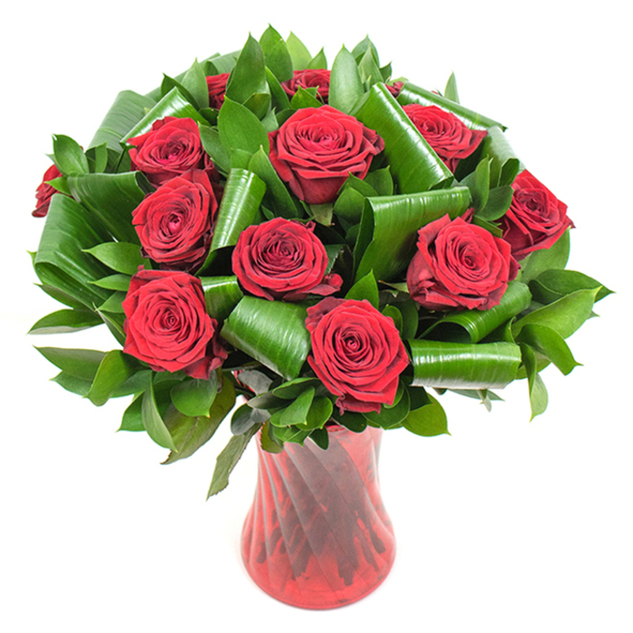 A classic, luxurious bouquet of roughly a dozen deep crimson roses dominates this image, each blossom opened to reveal velvety, tightly spiralled petals whose rich colour ranges from wine-dark heart to luminous crimson edges. The flowers are gathered into a compact, rounded mass, giving a sense of abundance and intentional symmetry. Surrounding and supporting the rose heads is a generous variety of dark green foliage: smooth, glossy leaves create a dense, verdant base while larger, structural leaves-folded and rolled into elegant loops-frame each bloom with a modern, almost sculptural sensibility. These curled leaf forms introduce graceful arcs that contrast with the tight circular geometry of the rose heads, adding depth and a considered architectural tension.
The arrangement is presented in a tall, slender translucent vase of ruby red glass, its subtle ribbed or twisted texture catching and reflecting the ambient light in vertical lines that echo the stems within. The vase's narrow neck and gentle flare provide a refined anchor to the exuberant head of flowers, and the clean white backdrop makes every crimson and emerald tone stand out with crisp clarity. Soft, even illumination enhances the velvety surface of petals and the glossy sheen of leaves, while the overall composition retains a poised, sophisticated air.
This bouquet evokes classic romance-ideal for anniversaries, Valentine's Day, or to mark a significant celebration in the Norbiton area-bringing to mind intimate evenings near Kingston Road or thoughtful deliveries to homes around Berrylands and the wider Kingston community.