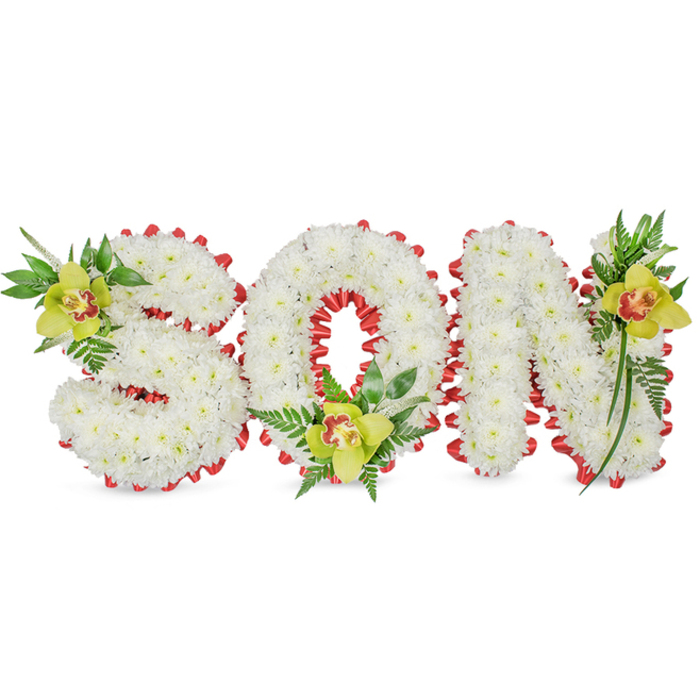 A solemn yet lovingly made tribute reads SON in large, three-dimensional letters fashioned from hundreds of small, pure white chrysanthemums whose uniform petals create a soft, sculpted surface reminiscent of drifting clouds. The composition is edged all the way around by a continuous band of vibrant red ribbon-folded into a scalloped frame that also circles the hollow of the O-offering a deliberate pop of color that draws the eye and underscores themes of affection and remembrance. Each letter is beautified with a cluster of deep green foliage and a lime-green Cymbidium orchid: the S carries an orchid at its upper left curve, the O holds one at its base, and the N is accented near its upper right stroke. The orchids' waxy lime-green petals and reddish-brown throats create small, dignified focal points against the white chrysanthemum field, while slender leaves and fine fern fronds add vertical lines and a sense of growth. The overall texture balances soft and crisp-matt chrysanthemum petals against glossy orchid surfaces-set beneath gentle lighting that preserves the arrangement's quiet dignity. Intended for funeral services, graveside tributes, or memorial displays, this personalized design communicates deep sorrow and abiding love for a son. As experienced florists based in Norbiton, Flower Delivery Norbiton prepares arrangements like this for families across Norbiton, Surbiton and Kingston, paying close attention to proportion, durability and the sensitive symbolism of each element.