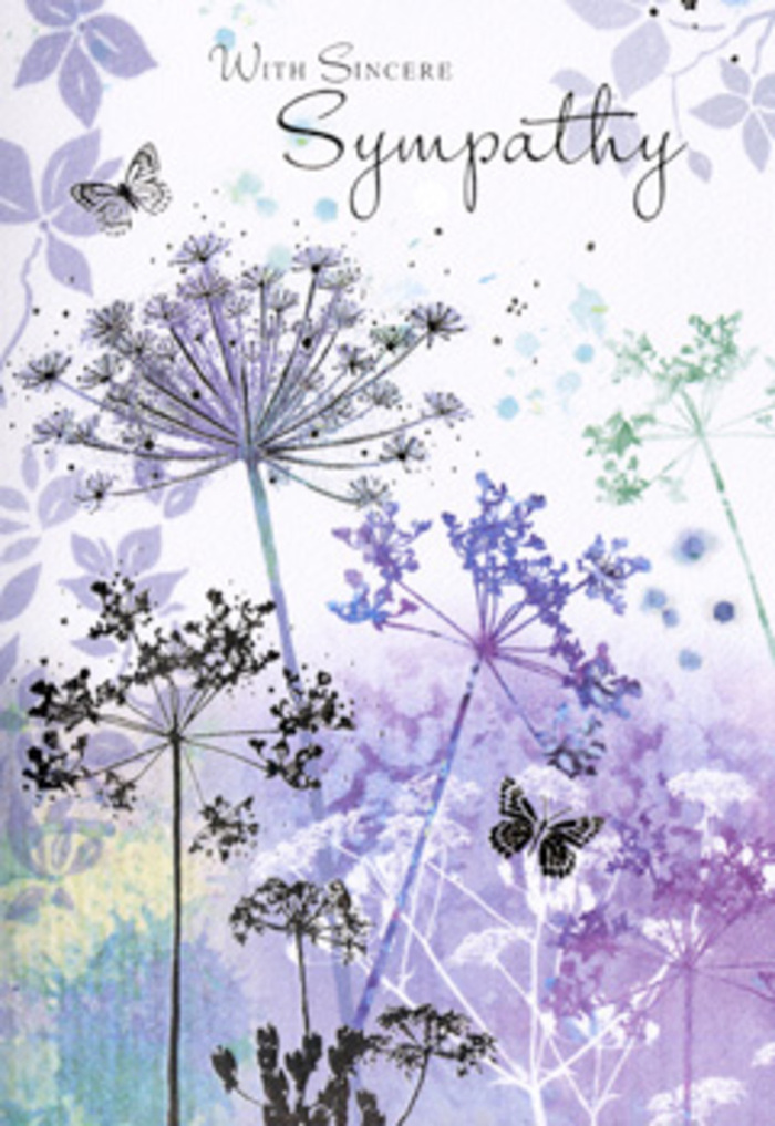 There is a refined, almost meditative quality to the sympathy card's artwork, like pausing on a quiet Norbiton side street and noticing the wildflowers that appear between paving stones. Slender greenish stems, rendered in fine, flowing lines, rise gracefully from the base, each crowned with an umbel of tiny, radiating blossoms. The heads themselves are suggested rather than meticulously drawn, created with light touches of violet, blue, and pale lavender that give them a feathery, ethereal appearance. Rather than stark outlines, the artist has chosen soft watercolour blending, so petals and stems seem to merge gently into a backdrop of muted purples and silvery blues. This background is softly diffused, almost like a light mist settling over the landscape, and it provides a sense of depth without crowding the composition. Among these airy florals, a couple of butterflies hover with delicately sketched wings, translucent and barely tinted, as if they are illuminated from within by soft, overcast light. They add a whisper of hope and gentle continuity, a symbol many families in Norbiton appreciate when choosing thoughtful sympathy designs. The whole scene feels balanced, with open spaces of pale colour allowing each flower to breathe, reminiscent of the calm expanses by the Hogsmill River and the wider skies near Kingston. There is an impression of stillness here, but not of emptiness; instead, it feels like a quiet pause where memories can unfold without hurry. At Flower Delivery Norbiton, we often pair such cards with our funeral arrangements, knowing that this kind of subtle, nature-led design offers comfort without overwhelming, conveying sincere condolence through delicate beauty and careful restraint.