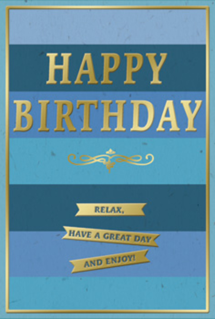 In this image, a meticulously designed birthday card is the star, its composition bathed in cool blues and softened gold that evoke the quieter corners of Norbiton on a calm afternoon. The surface of the card is organised into broad, horizontal stripes, each one a different but complementary shade of blue. At the outer edges, deep navy and midnight blue provide a strong frame; as your eye moves toward the middle, these tones gradually transition into rich ocean blues, then mellow into teal and light, almost cloudlike sky blue. The subtle gradient forms an ombré effect, creating visual depth and a sense of gentle movement, like watching clouds drift above the leafy streets near Kingston Hospital. Across the centre, the phrase HAPPY BIRTHDAY is pressed into the card in stately gold capital letters. The embossing gives every character a slight height, so you can imagine the tactile pleasure of tracing them with a fingertip. The metal leaf finish is softly lustrous, catching stray beams of light with a warm gleam that feels more like candlelight than spotlight. Just underneath, a delicate golden flourish stretches horizontally, curling into fine, symmetrical loops that echo old-fashioned engraving. Below this flourish, three horizontal golden banners are neatly stacked, their smooth ribbon shapes housing the words Relax, have a great day and enjoy! in a friendly, conversational cadence. A narrow gold border runs around the outer edge of the card, neatly framing the entire design and lending it the composure of a framed print. It's easy to picture this card resting beside a bouquet from Flower Delivery Norbiton on a hallway console or kitchen table, its layered blues and gentle gold accents perfectly matching the mood of a thoughtful, quietly joyful birthday at home.