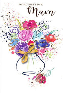 In this charming Mother's Day card artwork, a vibrant bouquet bursts from the centre of a white page, painted with the loose confidence of a florist's sketch refined into a finished illustration. The main flowers glow in shades of bright cerise, magenta, and rosy pink, overlapping and leaning into one another as if they're sharing whispered secrets. Their forms are given shape by soft, indigo outlines that add structure without sacrificing the dreamlike quality of the watercolour. Surrounding these warmer hues, there are cooler blossoms and strokes in soft blues and gentle lilacs, adding a soothing counterpoint that calls to mind the evening light sliding across Norbiton back gardens. Fine highlights of metallic gold arc along certain petals and leaves, offering a delicate shimmer that suggests something a little special, like the careful finishing touches added before a bouquet leaves the workbench at Flower Delivery Norbiton. The flowers rise from a simple, rounded vase, shaded in subtle washes so it feels solid yet light, as if it's holding the blooms without weighing them down. A slender golden bow encircles its base, whispering of wrapping paper, crinkling tissue, and the happy anticipation before a gift is handed over. Around the bouquet, scattered flecks of paint and small heart shapes float like confetti in a soft breeze, framing but never crowding the central design. The entire image feels composed yet free-spirited, polished yet heartfelt, reflecting both professional floral artistry and the unfiltered love behind a Mother's Day message. It's a painted bouquet that captures the freshness of spring and the everyday tenderness found in homes throughout Norbiton.