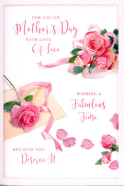 This Mother's Day card is depicted as though it were a carefully styled flat-lay on a wooden table in Norbiton, combining floral artistry with gentle sentiment. A loose arrangement of pink roses sprawls across the centre of the card, each flower full and open, showing layers of velvety petals arranged in soft spirals. The shades of pink shift subtly from pale, almost ivory-blush outer petals to deeper, more saturated rose tones in the heart of each bloom, suggesting depth and natural variation. Around the central cluster, single petals are scattered thoughtfully, some lying close to the roses, others drifting further out, creating a sense of movement, like petals that have gently fallen from a bouquet carried along Gloucester Road. A slim, pastel-toned ribbon winds its way among the roses, looping with an easy, flowing curve that reflects the practiced hand of a florist tying the final bow on a Mother's Day gift. Floating above this composition is a hand-lettered message in elegant calligraphy, celebrating mothers with warm, flowing strokes. The script follows a natural rhythm, echoing the curves of the petals and ribbon without overpowering them. Soft, diffuse light falls evenly over the card, erasing harsh shadows and giving the image a calm, tender mood, as if captured on a quiet spring morning before the streets around Norbiton become busy. Together, the roses, petals, ribbon, and affectionate wording create a visual and emotional bouquet, the kind of card that would pair beautifully with a fresh arrangement delivered locally to surprise a mother at home.