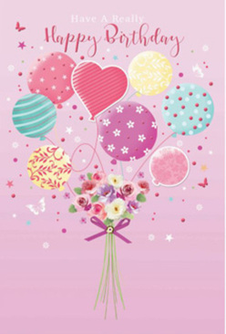 Pastel birthday illustration where balloons and blooms combine in a single, charming design, described with the perspective of a Norbiton florist who works daily with celebratory bouquets. The background is a smooth, rosy pink, soft and even, giving the impression of calm evening light settling over the streets between Norbiton and nearby Kingston. Anchoring the composition at the base is a compact hand-tied bouquet, filled with small rose heads and daisy-like flowers. Their shades blend from cream through blush to gentle mauve, and each petal is carefully shaded, suggesting velvety softness and the fullness of freshly opened blooms. The stems are gathered and finished with a deep violet satin bow, its ribbon loops shining slightly as though just tied by an expert hand preparing a birthday delivery. From this floral cluster rises an airy group of balloons that seem to lift the bouquet upwards. The balloons are rendered in light, pastel hues: pale pinks, sea greens, lemon yellows, and lavenders, all with a milky translucence that makes them look buoyant and gentle. Each balloon carries a different motif-crisp candy-coloured stripes spiralling around some, tiny scattered dots on others, and flowing decorative swirls that resemble curling gift wrap ribbons. A heart-shaped balloon in the centre adds an unmistakable note of affection, perfect for a partner or close friend in Norbiton. Soft, diffused light creates subtle highlights on the balloon surfaces and a delicate glow on the petals below, so nothing feels harsh or overly bright. Around the balloons, fine starry specks and light butterfly-like shapes appear to drift, adding an almost magical, storybook feel to the card. Overall, the image conveys a gentle yet joyful birthday mood, like a card that would sit beautifully beside a real bouquet delivered to a doorstep near Norbiton Station.