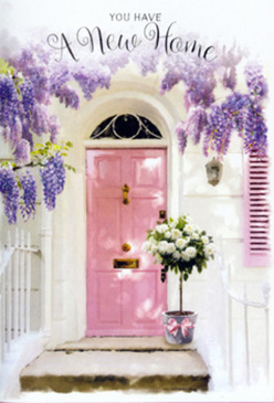 In this thoughtfully styled entrance scene, a Norbiton home becomes a small stage for a tender moment of arrival. A softly painted pink front door, with its matte finish and simple panel details, provides the central focus. The blush colour feels both modern and nostalgic, glowing gently against the whitewashed walls that surround it. A pale shutter echoes the same pastel mood, while the brick or stucco beneath the paint adds a faint, pleasing texture. Above and around the doorway, wisteria vines twist along an unseen support, sending down long, trailing clusters of lavender and lilac blooms that frame the door in a dreamy arc. The blossoms hang loosely, some in full, fluffy flower, others just beginning to open, and they cast delicate, dappled shadows across the step as if the sun were slipping in from over Kingston's leafy residential streets. On the doorstep rests a simple grey tin bucket, transformed by a florist's touch into an elegant vessel for a hand-tied arrangement of white and creamy roses. Each rose appears lush and velvety, their petals gently unfurling in layered spirals, some blooms nestled close together, others rising a little higher to give the bouquet shape and movement. Sprays of green foliage and muted, silvery leaves weave between the flowers, softening the lines of the bucket and adding contrast against the pale petals. A soft pink satin ribbon encircles the base and falls in smooth, trailing ends onto the stone, its sheen catching the light and echoing the rosy door. The mood of the image is hopeful yet calm, a quiet celebration of new beginnings in Norbiton-a visual way to say congratulations on your new address and welcome to the next chapter of life.