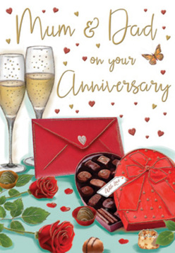 In this richly detailed anniversary card, the artist composes a romantic scene that feels perfectly suited to a quiet Norbiton celebration at home. A small spread of red roses lies across the foreground, the blooms coloured in deep, velvety reds with carefully shaded petals that curl outward, suggesting fullness and freshness, offset by rich green foliage that looks almost dewy. Resting beside them is a heart-shaped chocolate box, its lid already opened to show carefully lined chocolates, some rounded, some square, all nestled in their spaces. A generous red bow wraps the box, its satin loops and tails illustrated with subtle highlights that make the ribbon look almost touchably smooth. Just behind, two slender champagne flutes rise side by side, stems elegant and clear, filled with pale golden champagne that sparkles and fizzes softly, like a quiet toast shared after an evening walk past Norbiton's leafy streets. The background is dotted with small hearts in crimson and metallic gold, along with fluid, hand-lettered phrases conveying anniversary wishes, including a tender "Mum & Dad," grounding the card in family affection. A bright red envelope lies on the table near the roses and chocolates, its flap sealed and edges clean, suggesting a card filled with thoughtful words and well-kept memories. The gentle lighting across the scene creates soft reflections on the glass, the bow, and the chocolates, giving everything a warm, inviting glow. From the perspective of a local florist who often pairs roses with celebratory treats for anniversaries in Norbiton, this image evokes the scent of fresh flowers mixing with chocolate sweetness and the quiet satisfaction of another year lovingly marked and remembered.