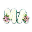 A personalised funeral tribute in the form of the letters MA is shown here, carefully arranged and photographed against a bright white background to highlight every element of the design. The letters stand side by side, connected at the base yet clearly defined. Their entire surface is covered with pure white chrysanthemums, tightly massed so that the flowers form a smooth, padded effect. Each chrysanthemum head is composed of layers of slender petals, creating a delicate but substantial texture that brings to mind both purity and serenity, reminiscent of early morning light filtering through Norbiton's quiet residential streets. Framing the edges of each letter is a deep green ribbon, folded into gentle pleats along the contours. This ribbon border accentuates the shapes of the M and A, adding contrast and a touch of formality that suits a funeral or memorial setting at a local church or crematorium. At the lower left corner of the M and the lower right corner of the A, the florist has added two balanced floral sprays. These clusters combine lilac roses, soft pink roses, and tiny pink spray roses, the blooms at varying stages of opening, which gives the arrangement a sense of life and unfolding memory. Slender fern fronds and hints of other greenery peek from behind the roses, lending a light, feathery movement that softens the otherwise structured letters. The overall impression is peaceful, tender, and deeply affectionate. It feels like a tribute a Norbiton family might place as a final farewell to a beloved Mum, Mama, or someone whose initials are M.A., allowing the flowers to communicate love and respect with quiet dignity.