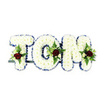 A serene, handcrafted funeral tribute that spells the name TOM in three-dimensional, pillowy letters built from countless pristine white chrysanthemums. Each small, snow-white bloom is placed densely and evenly to create a soft, sculpted surface that reads as both tactile and luminous against a pure white backdrop under gentle studio light. The crisp contours of every letter are neatly framed with a royal blue ribbon, the hue deep and refined, which traces each curve and angle with a measured, dignified edge. Nested in the centre or lower face of each letter sits a modest, symmetrical spray: a single deep, dark red rose anchors each cluster, its velvety petals drawing the eye and offering a quiet symbol of enduring love. Surrounding the rose are smaller ivory spray roses and tender lengths of fern and leafy green foliage, chosen for contrast and texture so the accents sit balanced without overwhelming the white chrysanthemum field. A slim dark green or black metal support bar is visible beneath the bases, hinting at the structure that allows these letters to stand upright at a chapel or graveside. The arrangement carries a subtle floral note - the faint sweetness of chrysanthemums softened by the richer, gentle perfume of roses - creating an atmosphere of calm and respect. Designed for memorial services and intimate commemorations in and around Norbiton, this composition reflects experienced hands familiar with local needs, easily delivered across Norbiton and into nearby Kingston town centre or Surbiton when families request a carefully personalised tribute.