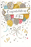 This image features a beautifully illustrated congratulations card, designed with the same thoughtfulness a local Norbiton florist brings to a celebratory bouquet. Central to the design is a bouquet of round balloons gathered closely together, floating as if lifted by the joyful news they commemorate. The balloons are rendered in a soft, luxurious palette-warm gold, cool silver, champagne, delicate sky blue, and blush pink-each adorned with subtle patterns of glittery stripes, tiny stars, or shimmering specks. They overlap to create a gentle sense of depth and movement, like a cluster of party balloons bobbing above a celebration in a Norbiton living room. Slender strings in glowing gold and silver cascade gracefully downward, joining at the bottom in a small stylised knot that echoes the bow on a gift or floral arrangement. A ribbon-like banner stretches across the centre of the card, carrying a heartfelt Congratulations To You message in elegant, flowing calligraphy. The background remains light and airy, scattered with tiny metallic stars, dots, and curling ribbons that drift around the balloons like confetti floating through the air. Although the surface is flat, the suggestion of glitter and metallic ink invites you to imagine a slightly raised, tactile finish beneath your fingers. The mood is one of polished joy, pride, and sincere appreciation-perfect for pairing with fresh flowers delivered around Norbiton to honour exam success, a new home, or any achievement that deserves to be celebrated with grace and sparkle.