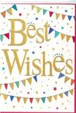 The photograph presents a single greeting card designed to send warm congratulations, its style as friendly and uplifting as a chat with neighbours in Norbiton. At the centre of the card, the phrase Best Wishes is written in elegant gold script, with each curve and loop highlighted by a subtle glitter finish and gentle embossing. This raised lettering catches the light, standing out clearly against the smooth, bright white background, creating a pleasing contrast that feels both modern and timeless. Encircling the message, above and below, are graceful arcs of bunting that sweep across the card like festival banners strung along a local green. Each tiny triangular pennant is rendered in vivid colour-crisp blues, radiant reds, grassy greens, lilacs, oranges, and yellows-and many are adorned with petite patterns, from neat stripes and dots to simple geometric shapes. The colours alternate in a playful rhythm, suggesting soft movement, as if a light breeze from nearby Kingston or Norbiton parks is stirring the flags. Scattered around the bunting are small star shapes and round confetti dots, echoing the same bright colour palette. These tiny details look as though they were tossed into the air at the very moment good news was shared, then captured mid-fall on the card's surface. Despite the lively decoration, generous white space keeps the design calm and uncluttered, allowing the eye to rest easily on the glowing gold message. This is a card that would sit beautifully beside a bouquet celebrating a new job, graduation, or engagement in Norbiton, its sparkling Best Wishes offering an extra touch of joy and encouragement from afar.