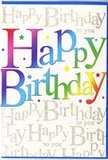 This birthday card feels like a snapshot of a cheerful celebration in Norbiton, distilled into colour and script. At its heart is the bold phrase Happy Birthday, written in generously sized, rounded letters that arc gently from left to right across the card. Each individual letter glows with a smooth gradient of colour, sliding from deep, berry reds and rich pinks through velvety purples and blues, then into refreshing teals, greens, warm orange tones and finally soft lemon yellow. The gradients are silky and well-blended, creating a sense of movement as though the colours are gently flowing across the words. Scattered lightly around the text are tiny, star-like shapes and dots in matching hues, evoking the look of confetti floating in the air after being tossed at the height of a birthday toast. The background is soft and light, completely overlaid with narrow lines of elegant golden handwriting that repeat the phrase Happy Birthday to you. This delicate script forms a continuous pattern, shimmering subtly like strands of fine gold thread woven behind the main message. As light catches the metallic ink, it would offer a refined sparkle, reminiscent of warm light from nearby homes and cafés around Norbiton in the evening. The surface of the card looks smooth with a gentle sheen, enhancing both the colourful letters and the golden backdrop without overwhelming the eyes. Altogether, the design suggests an upbeat, heartfelt greeting: a birthday card that feels both modern and timeless, ideal for sitting beside a vase of fresh blooms and reminding the recipient throughout the day that their special occasion truly matters.