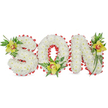 A tender, three-dimensional floral tribute spells the word SON in bold block letters, each letter built from dense, cloud-like clusters of small, pristine white chrysanthemums. The chrysanthemums' papery petals form a soft, uniform surface that reads as both pure and consoling; under soft studio light their delicate whites hold gentle shadows that emphasize the sculpted depth of the letters. A continuous scalloped border of vivid red ribbon is looped around the outer edges and the inner curve of the O, the red biting crisply against the white and offering a visual heartbeat of love and remembrance. Each letter is finished with a fresh cluster of greenery and a lime-green Cymbidium orchid-the S bears an orchid near its upper left curve, the O cradles an orchid at its base, and the N is anchored with an orchid at its upper right stroke-each orchid showing the characteristic reddish-brown throat that adds warmth and a subtle focal point. Slender green leaves and delicate fern fronds trail and lift from these clusters, introducing height and a living texture against the cushion of chrysanthemums. The orchids' waxy petals contrast with the matt softness of the mums and contribute a light, faintly floral scent that feels appropriate for a memorial setting. Presented against a plain white background, the arrangement reads as a respectful, handcrafted tribute intended for a funeral, graveside, or remembrance service-an honest expression of love for a son. As a local florist serving Norbiton, Surbiton and nearby Kingston, we often create similar personalized pieces for families seeking a meaningful, dignified way to say goodbye.