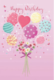 Illustrated birthday card scene where flowers and balloons are woven together into a single pastel celebration, described with the sensitivity of a florist familiar with Norbiton's close-knit community. The background is a muted, powdery pink, calming and even, hinting at the soft tones of a quiet evening walk from Norbiton towards Kingston. At the base of the design, a small hand-tied bouquet sits at the centre, gathered tightly with a vivid violet satin bow. The flowers resemble petite roses and daisy-like blooms, their petals drawn in fine detail, layered and curved to give a sense of velvety depth. Colours range from creamy ivory to blush and pale mauve, so that the bouquet feels delicate yet full, like a thoughtfully arranged birthday posy ready for doorstep delivery in Norbiton. Rising above the flowers is a cluster of pastel balloons that looks as though it is gently lifting the bouquet into the air. The balloons are painted in soft pinks, pale greens, light yellows, and lavender tones, each with its own decorative character. Some are ringed with candy-coloured stripes that twist around the curves, others are dotted playfully with polka spots, and one prominent heart-shaped balloon glows with affectionate energy at the centre. Light touches the balloons with subtle highlights, giving them a glossy, slightly reflective finish, while the petals below seem softly illuminated, adding warmth to the scene. Small decorative accents-tiny stars and delicate butterfly-like silhouettes-float among the balloons, enhancing the whimsical, fairytale mood. The overall impression is of a gentle, joyous birthday greeting, the kind of card that pairs beautifully with a fresh bouquet delivered locally, capturing the tenderness of sending love and celebration to someone special in Norbiton.
