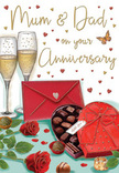 This illustrated anniversary card captures the warm, indulgent atmosphere of a special evening in Norbiton, perhaps after a surprise delivery of roses and treats. In the foreground, a cluster of red roses rests across the tabletop, their petals layered in rich, velvety curves that range from deep crimson at the centre to slightly lighter red along the outer edges, framed by generous green leaves that add a fresh, natural contrast. A heart-shaped box of chocolates sits nearby, its lid open so you can see an assortment of chocolates resting snugly in their compartments, while a dramatic red satin bow, carefully drawn with soft highlights, gives the box a luxurious, gift-like presence. Two tall champagne flutes stand just behind, positioned close together, their clear stems slender and elegant, filled with pale gold champagne that sparkles with fine bubbles frozen mid-rise, ready for an anniversary toast. Floating around the central elements are delicate hearts in shades of gold and crimson, as well as flowing strokes that frame softly written anniversary messages, including a heartfelt dedication to Mum & Dad, grounding the scene in family affection. A vivid red envelope, perfectly sealed, lies at an angle on the table, hinting at a handwritten note brimming with memories and gratitude, possibly penned in a quiet Norbiton kitchen earlier that day. The warm light washing over the scene adds a gentle glow to the glass, ribbon, and chocolates, creating a sense of intimacy and celebration. Seen through the eyes of a local florist, the card brings to mind the scent of fresh roses mingled with chocolate sweetness and the quiet joy of parents marking another year side by side.